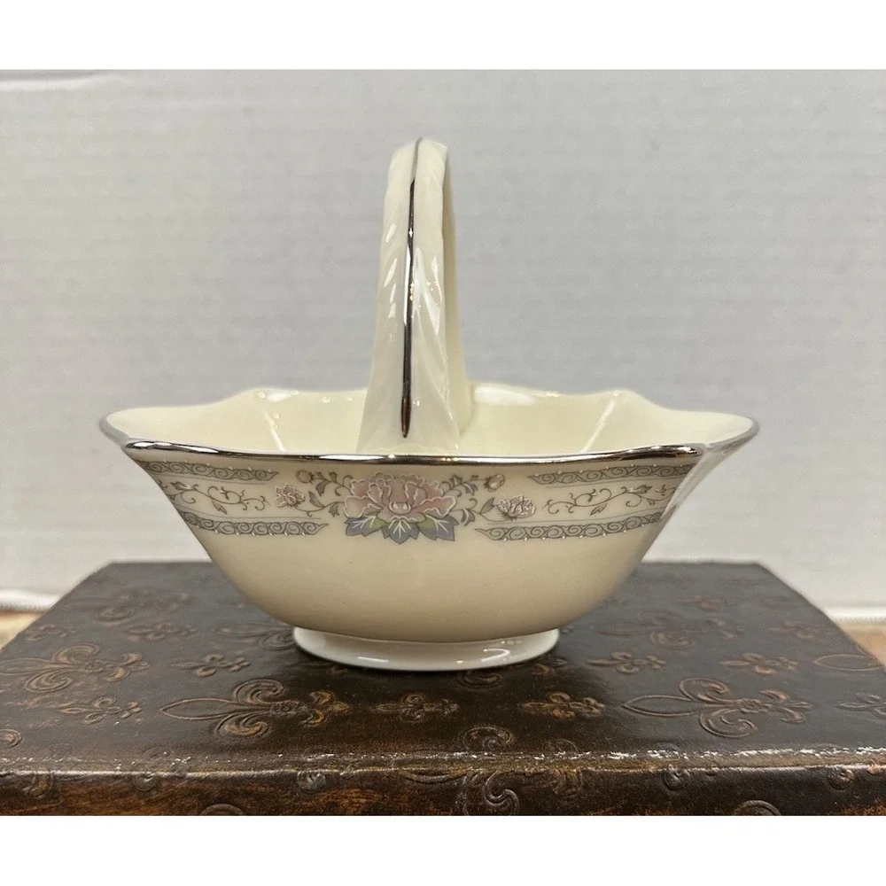 Vintage 80s Lenox Charleston Porcelain Basket Silver Trim Pink Flowers Handled